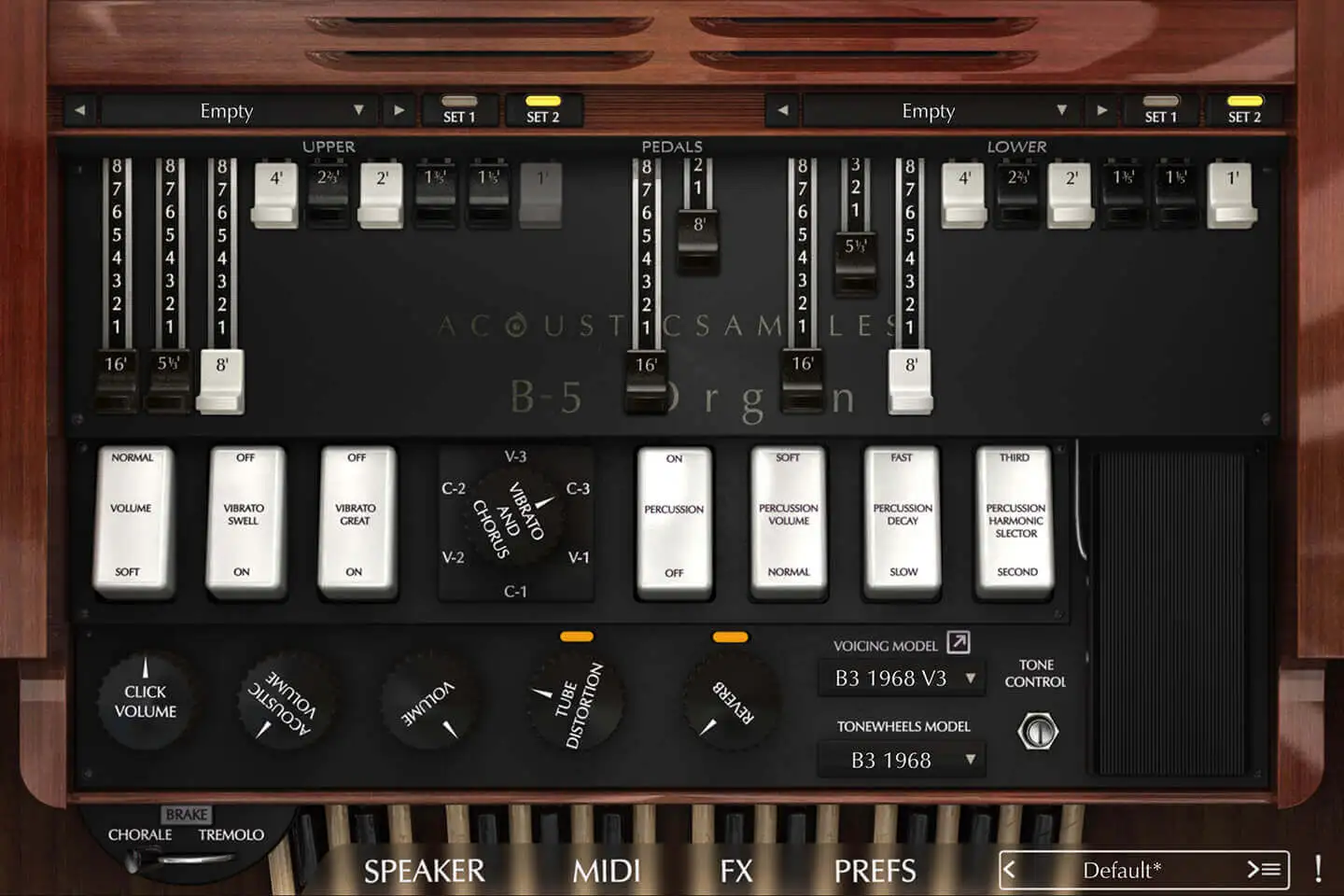Drawbar, percussion and FX settings
